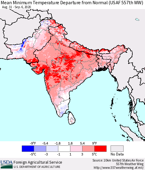 Southern Asia Minimum Temperature Departure From Normal (USAF 557th WW) Thematic Map For 8/31/2020 - 9/6/2020