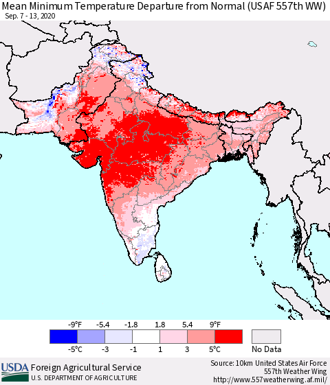Southern Asia Mean Minimum Temperature Departure from Normal (USAF 557th WW) Thematic Map For 9/7/2020 - 9/13/2020