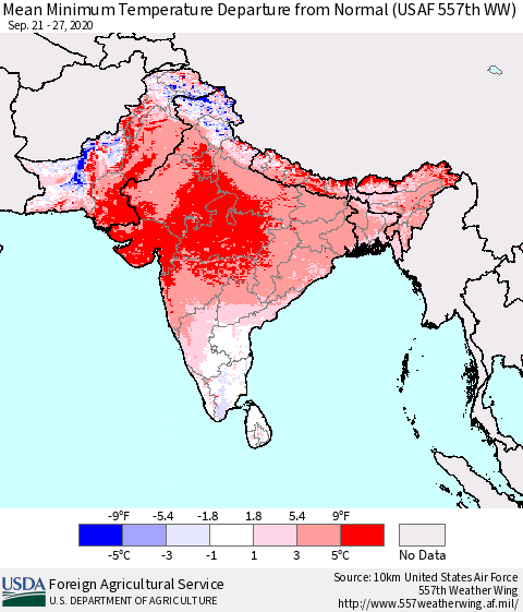 Southern Asia Minimum Temperature Departure From Normal (USAF 557th WW) Thematic Map For 9/21/2020 - 9/27/2020