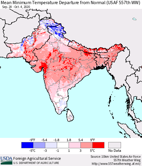 Southern Asia Mean Minimum Temperature Departure from Normal (USAF 557th WW) Thematic Map For 9/28/2020 - 10/4/2020