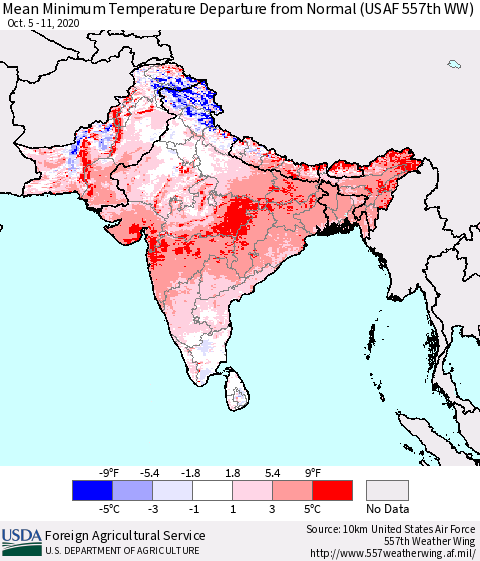 Southern Asia Mean Minimum Temperature Departure from Normal (USAF 557th WW) Thematic Map For 10/5/2020 - 10/11/2020
