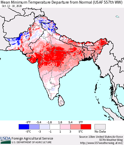 Southern Asia Minimum Temperature Departure From Normal (USAF 557th WW) Thematic Map For 10/12/2020 - 10/18/2020