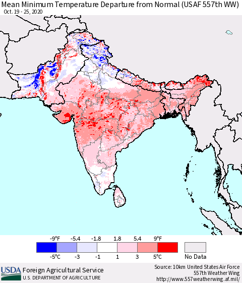 Southern Asia Mean Minimum Temperature Departure from Normal (USAF 557th WW) Thematic Map For 10/19/2020 - 10/25/2020