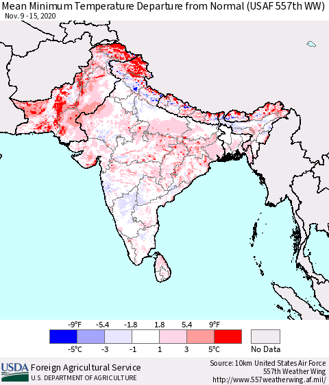 Southern Asia Mean Minimum Temperature Departure from Normal (USAF 557th WW) Thematic Map For 11/9/2020 - 11/15/2020