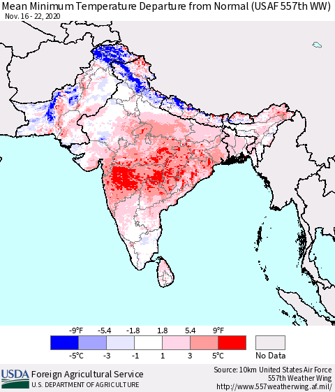 Southern Asia Minimum Temperature Departure From Normal (USAF 557th WW) Thematic Map For 11/16/2020 - 11/22/2020
