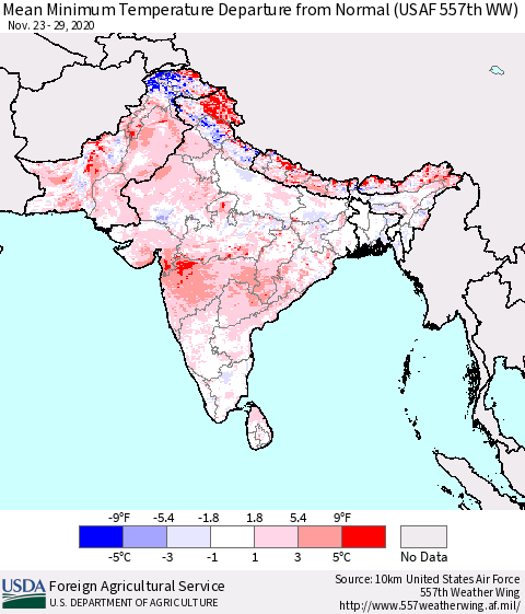 Southern Asia Minimum Temperature Departure From Normal (USAF 557th WW) Thematic Map For 11/23/2020 - 11/29/2020