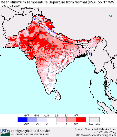 Southern Asia Minimum Temperature Departure From Normal (USAF 557th WW) Thematic Map For 12/7/2020 - 12/13/2020