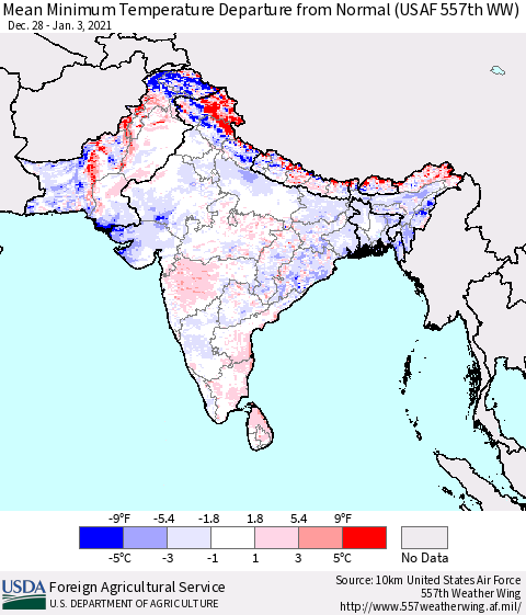 Southern Asia Mean Minimum Temperature Departure from Normal (USAF 557th WW) Thematic Map For 12/28/2020 - 1/3/2021