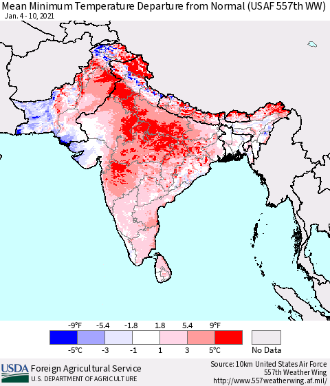 Southern Asia Minimum Temperature Departure From Normal (USAF 557th WW) Thematic Map For 1/4/2021 - 1/10/2021