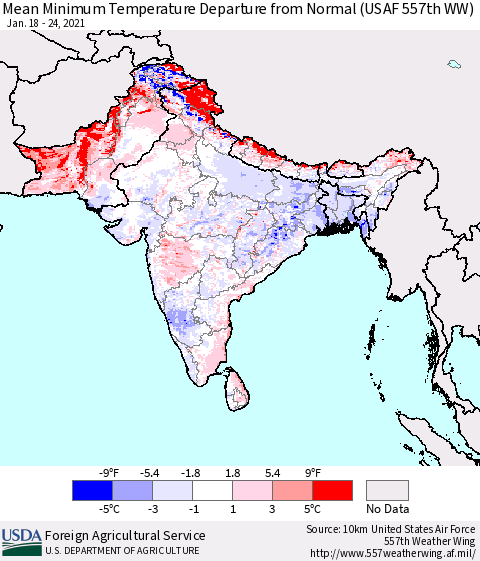 Southern Asia Minimum Temperature Departure From Normal (USAF 557th WW) Thematic Map For 1/18/2021 - 1/24/2021