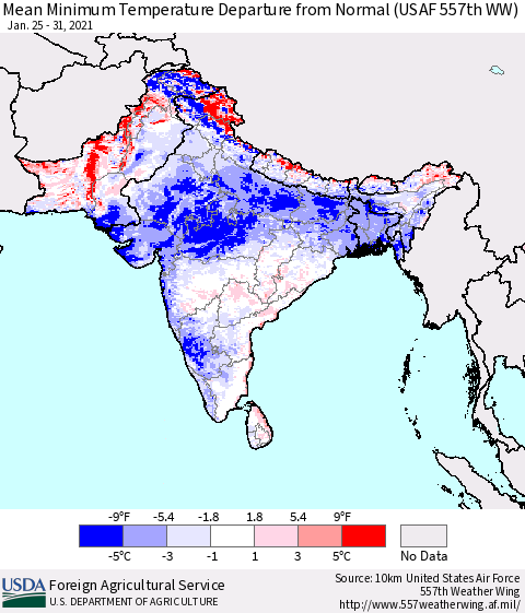 Southern Asia Minimum Temperature Departure From Normal (USAF 557th WW) Thematic Map For 1/25/2021 - 1/31/2021