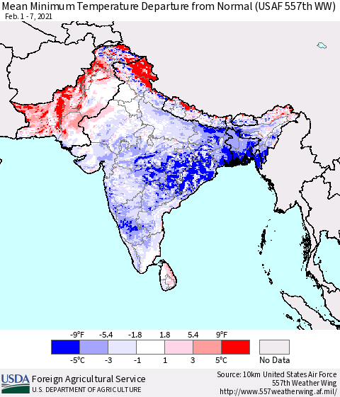 Southern Asia Mean Minimum Temperature Departure from Normal (USAF 557th WW) Thematic Map For 2/1/2021 - 2/7/2021