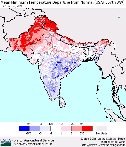 Southern Asia Minimum Temperature Departure From Normal (USAF 557th WW) Thematic Map For 2/22/2021 - 2/28/2021