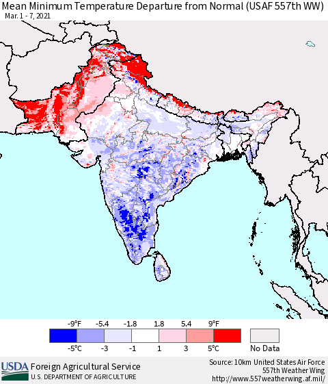 Southern Asia Mean Minimum Temperature Departure from Normal (USAF 557th WW) Thematic Map For 3/1/2021 - 3/7/2021