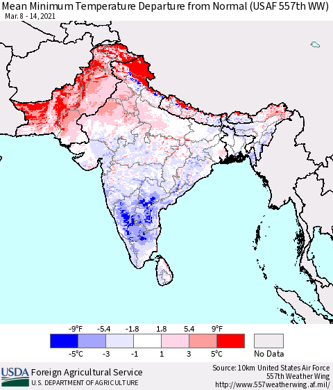 Southern Asia Minimum Temperature Departure From Normal (USAF 557th WW) Thematic Map For 3/8/2021 - 3/14/2021