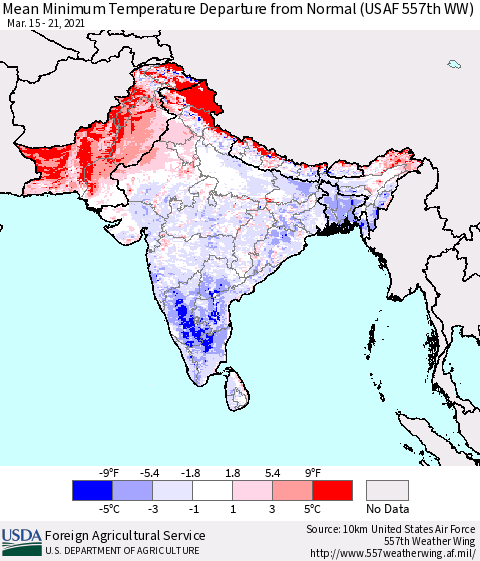 Southern Asia Mean Minimum Temperature Departure from Normal (USAF 557th WW) Thematic Map For 3/15/2021 - 3/21/2021