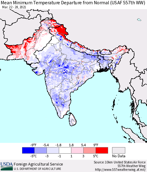 Southern Asia Mean Minimum Temperature Departure from Normal (USAF 557th WW) Thematic Map For 3/22/2021 - 3/28/2021