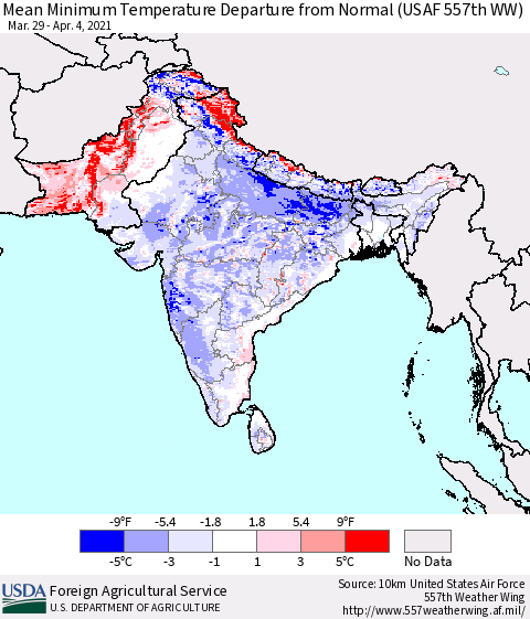Southern Asia Mean Minimum Temperature Departure from Normal (USAF 557th WW) Thematic Map For 3/29/2021 - 4/4/2021