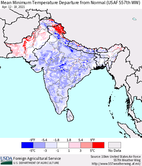 Southern Asia Minimum Temperature Departure From Normal (USAF 557th WW) Thematic Map For 4/12/2021 - 4/18/2021