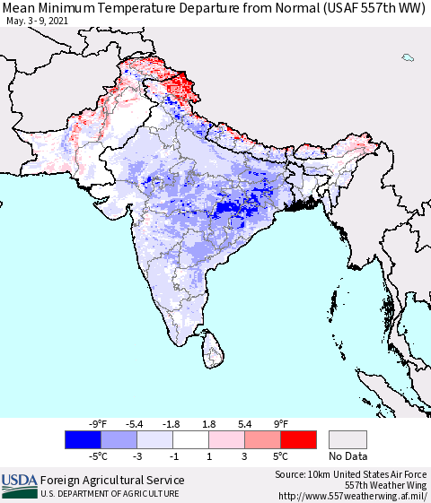 Southern Asia Mean Minimum Temperature Departure from Normal (USAF 557th WW) Thematic Map For 5/3/2021 - 5/9/2021