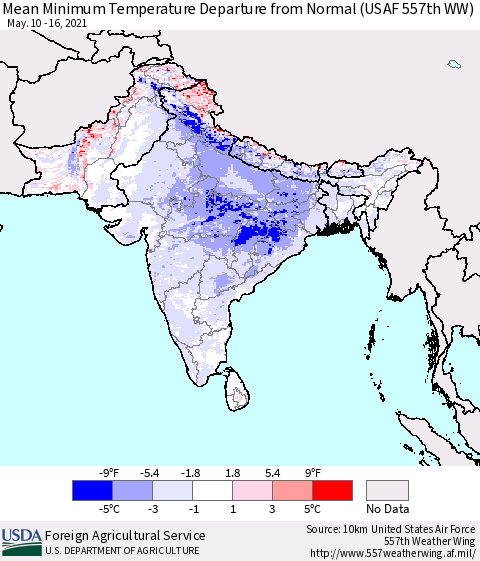 Southern Asia Mean Minimum Temperature Departure from Normal (USAF 557th WW) Thematic Map For 5/10/2021 - 5/16/2021