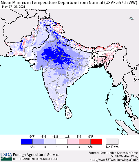 Southern Asia Mean Minimum Temperature Departure from Normal (USAF 557th WW) Thematic Map For 5/17/2021 - 5/23/2021