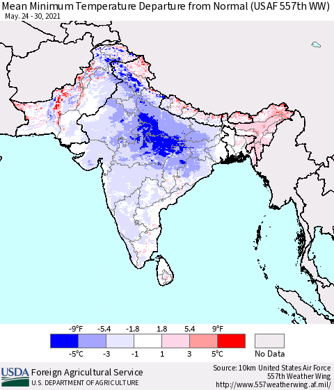 Southern Asia Minimum Temperature Departure From Normal (USAF 557th WW) Thematic Map For 5/24/2021 - 5/30/2021