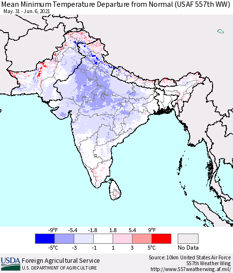 Southern Asia Minimum Temperature Departure From Normal (USAF 557th WW) Thematic Map For 5/31/2021 - 6/6/2021