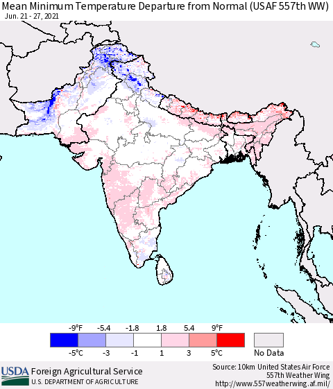 Southern Asia Minimum Temperature Departure From Normal (USAF 557th WW) Thematic Map For 6/21/2021 - 6/27/2021