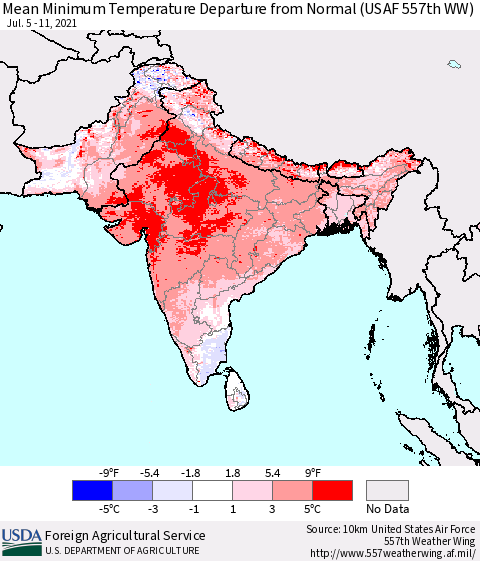 Southern Asia Minimum Temperature Departure From Normal (USAF 557th WW) Thematic Map For 7/5/2021 - 7/11/2021