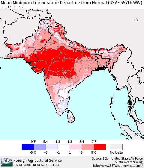 Southern Asia Mean Minimum Temperature Departure from Normal (USAF 557th WW) Thematic Map For 7/12/2021 - 7/18/2021