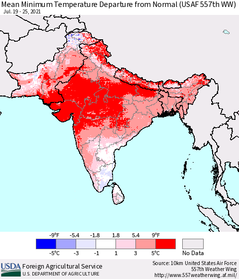 Southern Asia Minimum Temperature Departure From Normal (USAF 557th WW) Thematic Map For 7/19/2021 - 7/25/2021