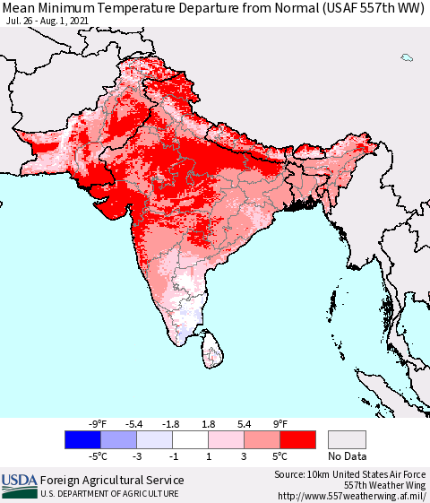Southern Asia Mean Minimum Temperature Departure from Normal (USAF 557th WW) Thematic Map For 7/26/2021 - 8/1/2021