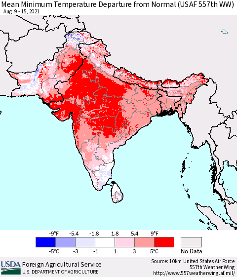 Southern Asia Minimum Temperature Departure From Normal (USAF 557th WW) Thematic Map For 8/9/2021 - 8/15/2021