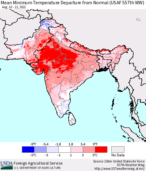 Southern Asia Minimum Temperature Departure From Normal (USAF 557th WW) Thematic Map For 8/16/2021 - 8/22/2021