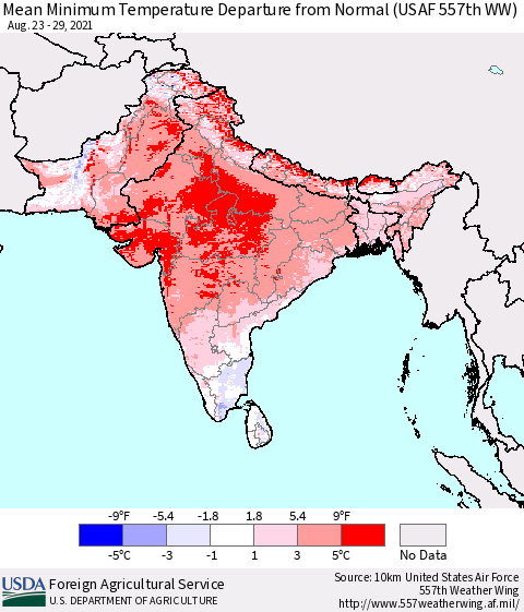 Southern Asia Mean Minimum Temperature Departure from Normal (USAF 557th WW) Thematic Map For 8/23/2021 - 8/29/2021