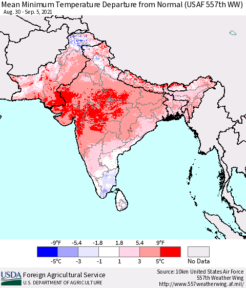 Southern Asia Mean Minimum Temperature Departure from Normal (USAF 557th WW) Thematic Map For 8/30/2021 - 9/5/2021