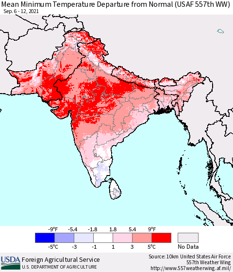 Southern Asia Minimum Temperature Departure From Normal (USAF 557th WW) Thematic Map For 9/6/2021 - 9/12/2021