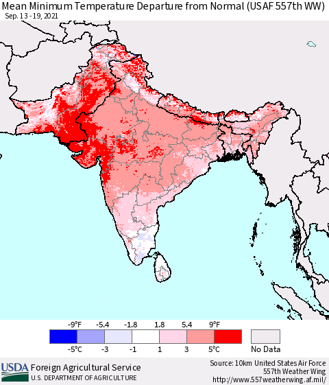 Southern Asia Minimum Temperature Departure From Normal (USAF 557th WW) Thematic Map For 9/13/2021 - 9/19/2021