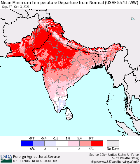 Southern Asia Mean Minimum Temperature Departure from Normal (USAF 557th WW) Thematic Map For 9/27/2021 - 10/3/2021