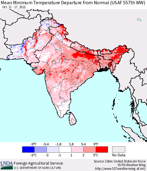 Southern Asia Minimum Temperature Departure From Normal (USAF 557th WW) Thematic Map For 10/11/2021 - 10/17/2021