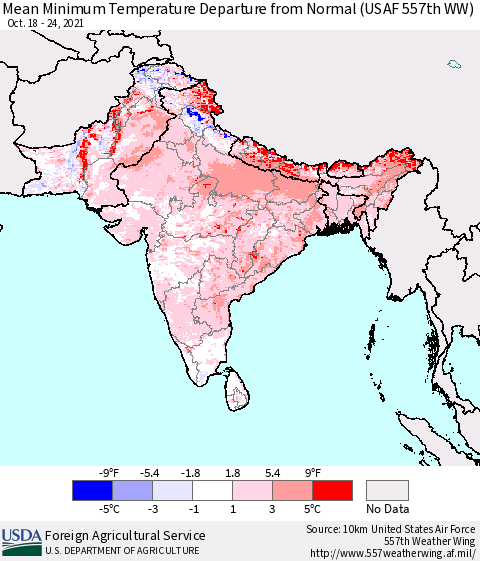 Southern Asia Mean Minimum Temperature Departure from Normal (USAF 557th WW) Thematic Map For 10/18/2021 - 10/24/2021