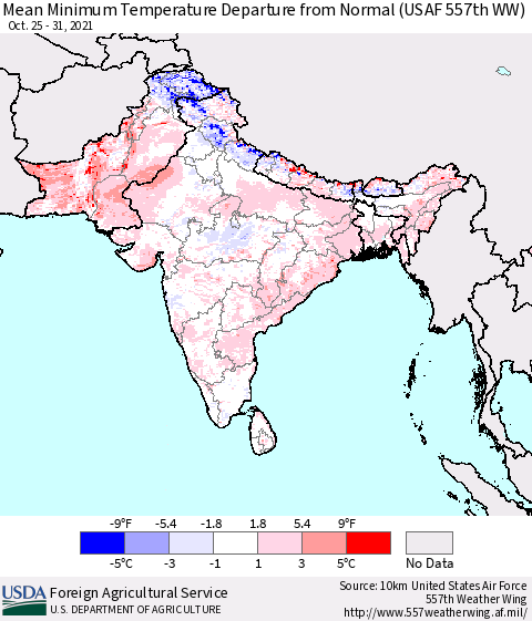 Southern Asia Mean Minimum Temperature Departure from Normal (USAF 557th WW) Thematic Map For 10/25/2021 - 10/31/2021