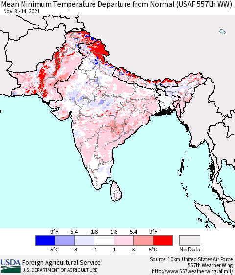 Southern Asia Mean Minimum Temperature Departure from Normal (USAF 557th WW) Thematic Map For 11/8/2021 - 11/14/2021