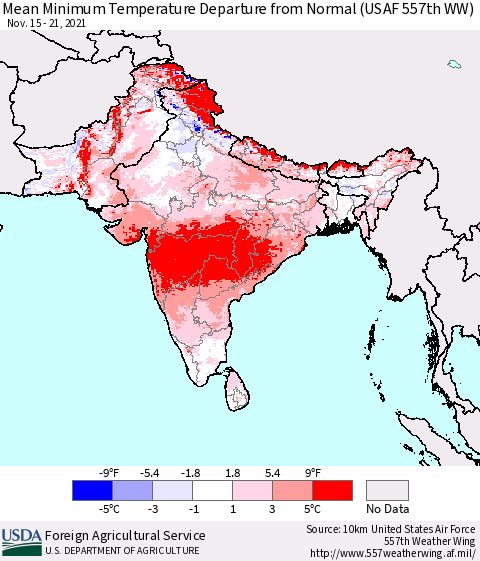 Southern Asia Minimum Temperature Departure From Normal (USAF 557th WW) Thematic Map For 11/15/2021 - 11/21/2021