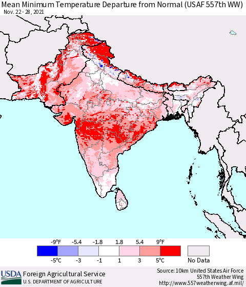 Southern Asia Mean Minimum Temperature Departure from Normal (USAF 557th WW) Thematic Map For 11/22/2021 - 11/28/2021