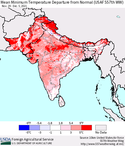 Southern Asia Mean Minimum Temperature Departure from Normal (USAF 557th WW) Thematic Map For 11/29/2021 - 12/5/2021