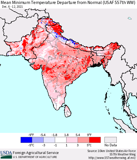 Southern Asia Mean Minimum Temperature Departure from Normal (USAF 557th WW) Thematic Map For 12/6/2021 - 12/12/2021