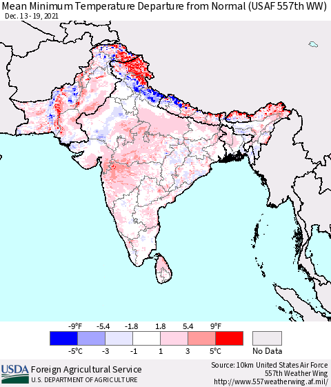 Southern Asia Minimum Temperature Departure From Normal (USAF 557th WW) Thematic Map For 12/13/2021 - 12/19/2021