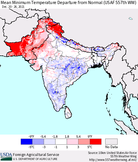 Southern Asia Mean Minimum Temperature Departure from Normal (USAF 557th WW) Thematic Map For 12/20/2021 - 12/26/2021